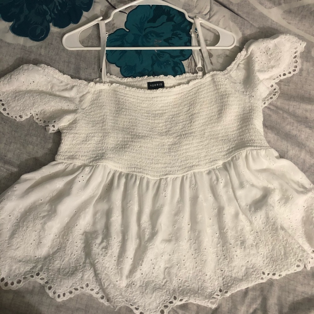 White babydoll torrid off shoulder string top